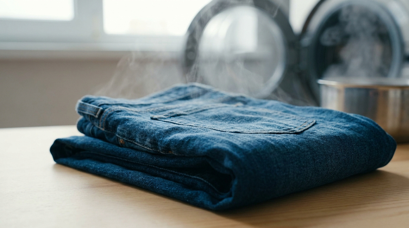 Jean bleu plié sur table en bois, vapeur s'en échappant. Arrière-plan flou : machine à laver ouverte et casserole d'eau bouillante.
