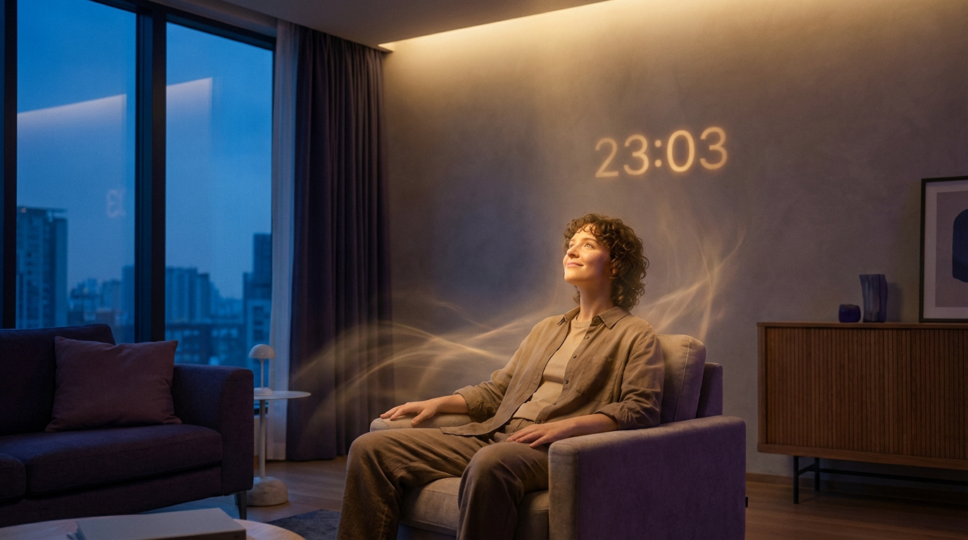 Une femme contemple l'heure 23h03 projetée sur un mur, entourée de lumières éthérées, dans un salon sombre.