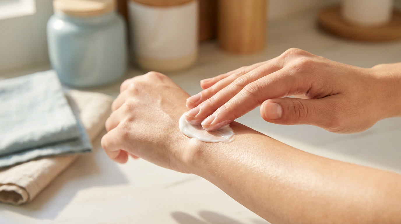 Une personne applique une crème hydratante blanche sur son avant-bras pour traiter la peau sèche. En arrière-plan, des produits de soin.