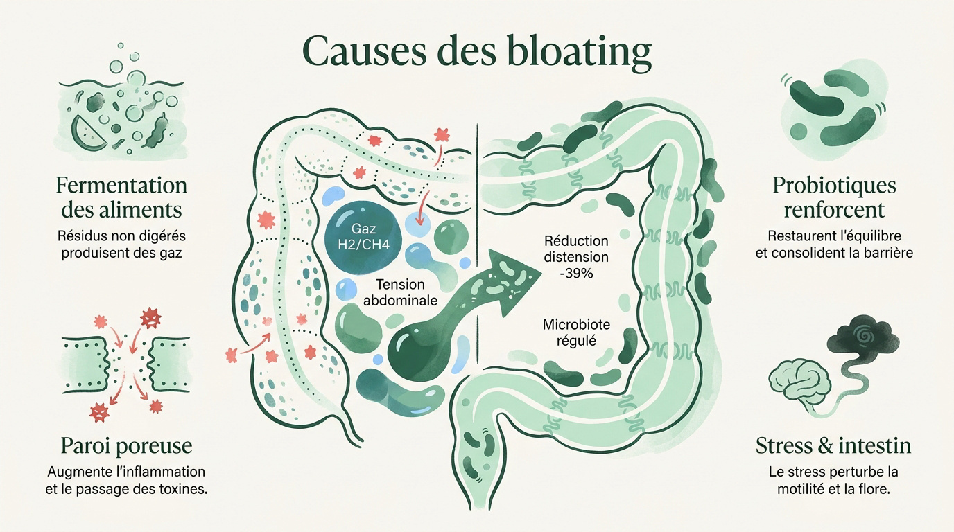 Schéma des causes des ballonnements et rôle du microbiote intestinal