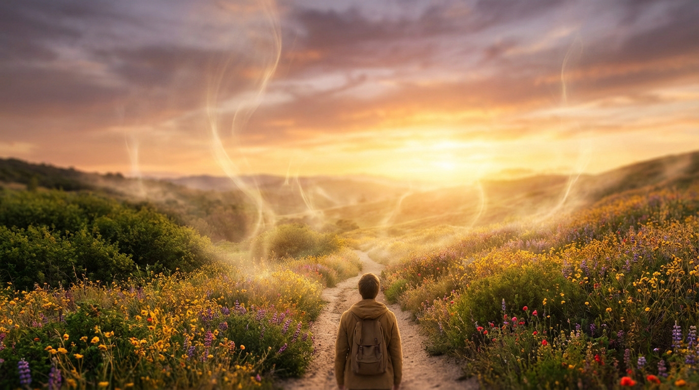 Une personne de dos marche sur un sentier fleuri vers un soleil éclatant, avec des volutes lumineuses éthérées.