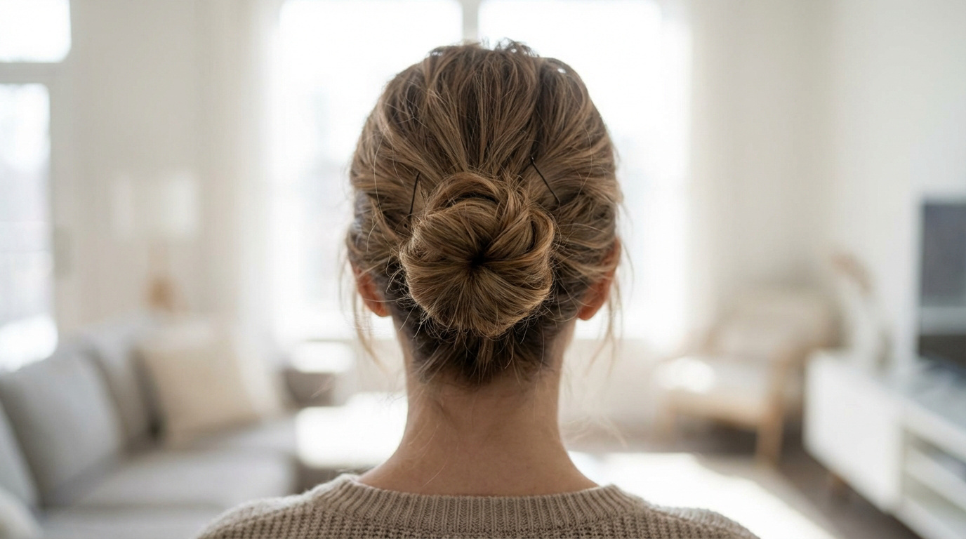 Vue arrière d'une femme aux cheveux châtains clairs attachés en chignon flou avec épingles, dans un salon lumineux.