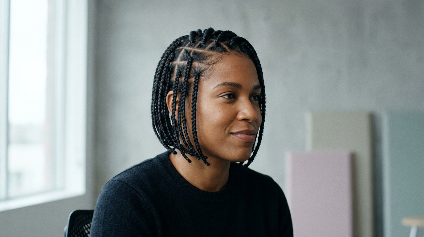 Gros plan sur une femme souriante aux tresses courtes noires (box braids) avec coiffure structurée et raie en carré.