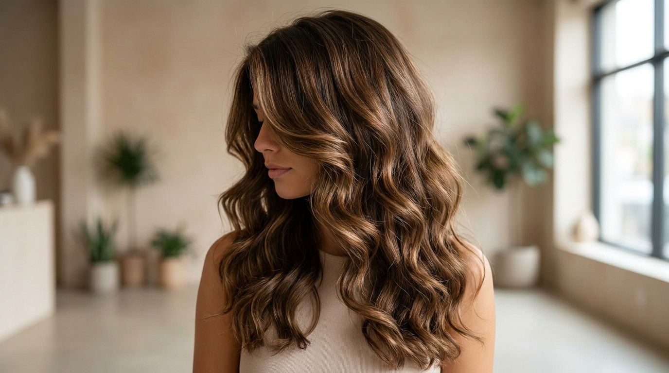 Jeune femme brune de profil, avec une coupe mi-longue aux cheveux épais et ondulés. Des reflets châtains clairs animent sa chevelure.