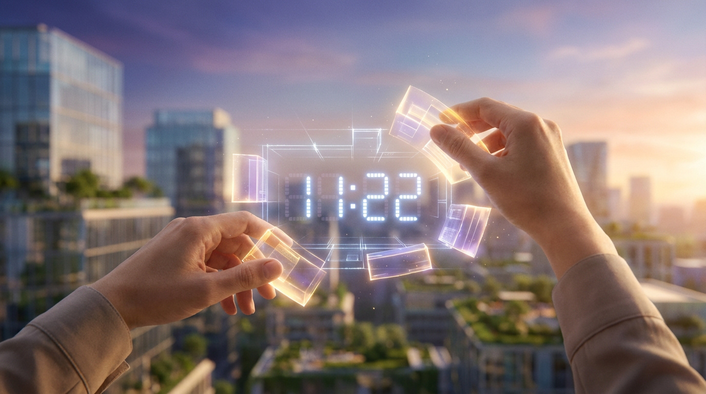 Deux mains manipulent une horloge numérique holographique affichant 11:22, flottant au-dessus d'une ville moderne au crépuscule.