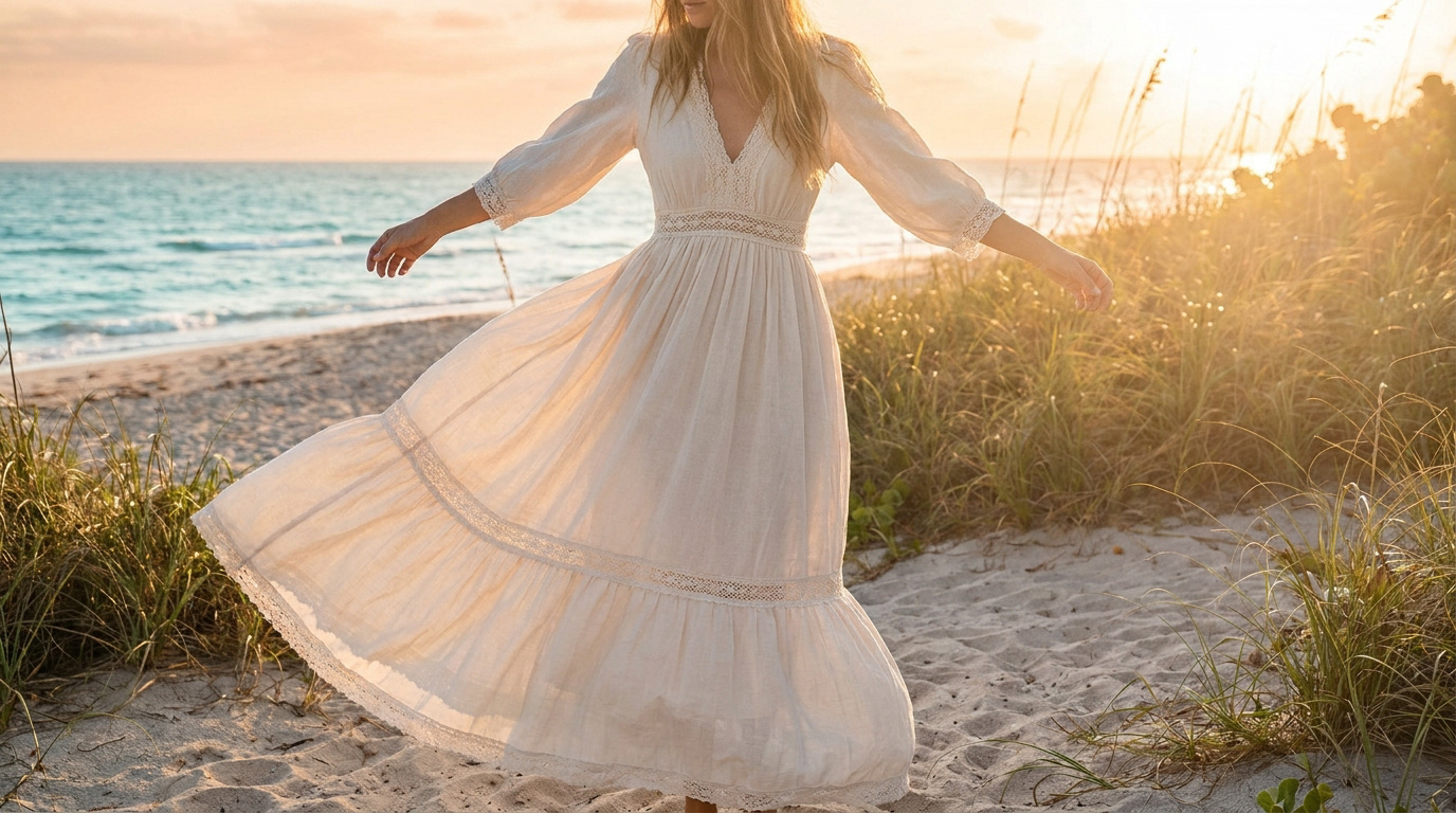 Femme en longue robe blanche bohème avec dentelle, marchant sur une plage de sable fin au coucher du soleil, mer turquoise.