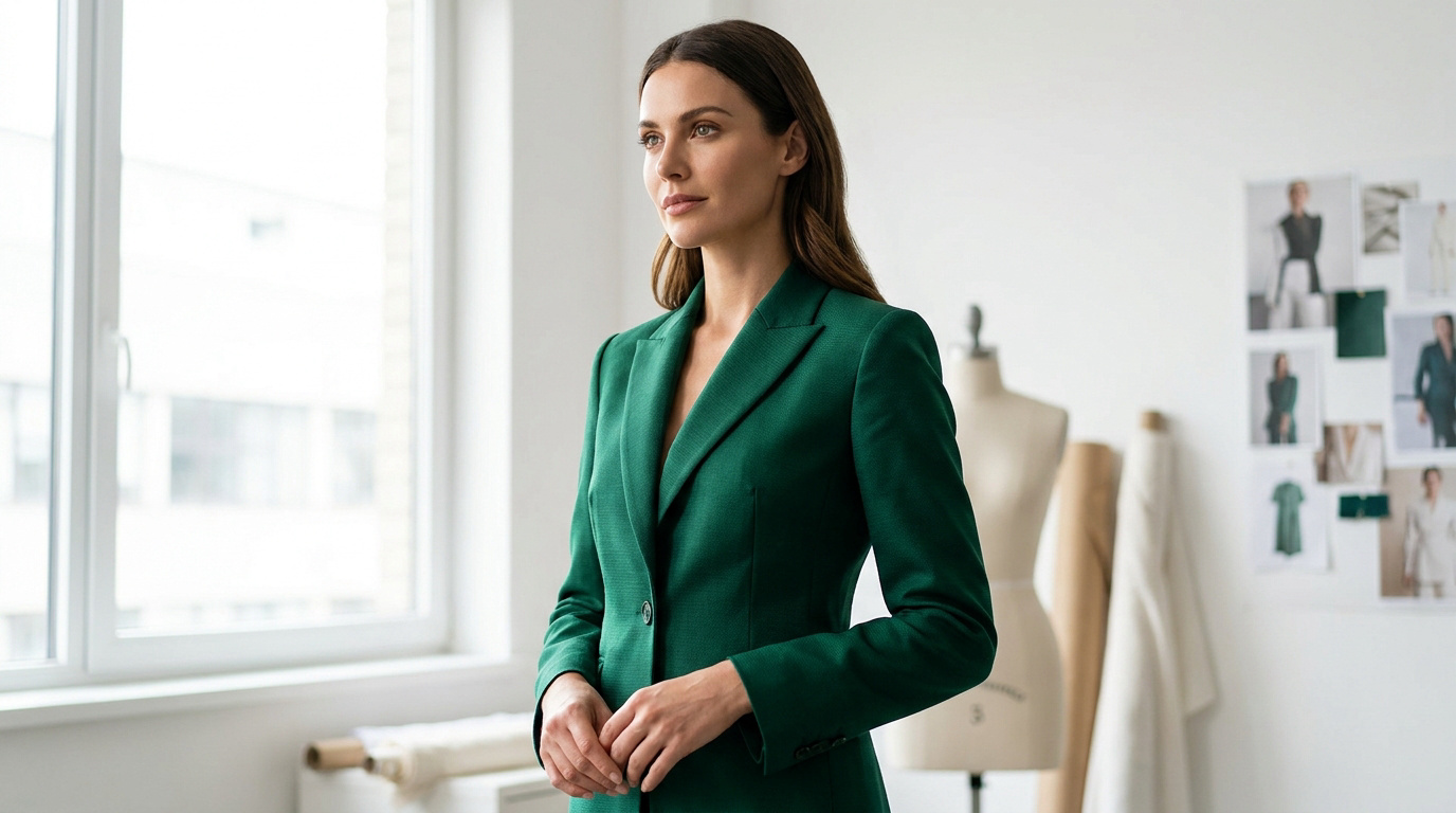 Femme en veste blazer verte élégante dans un atelier de couture lumineux. Mannequins et planches d'inspiration en arrière-plan.