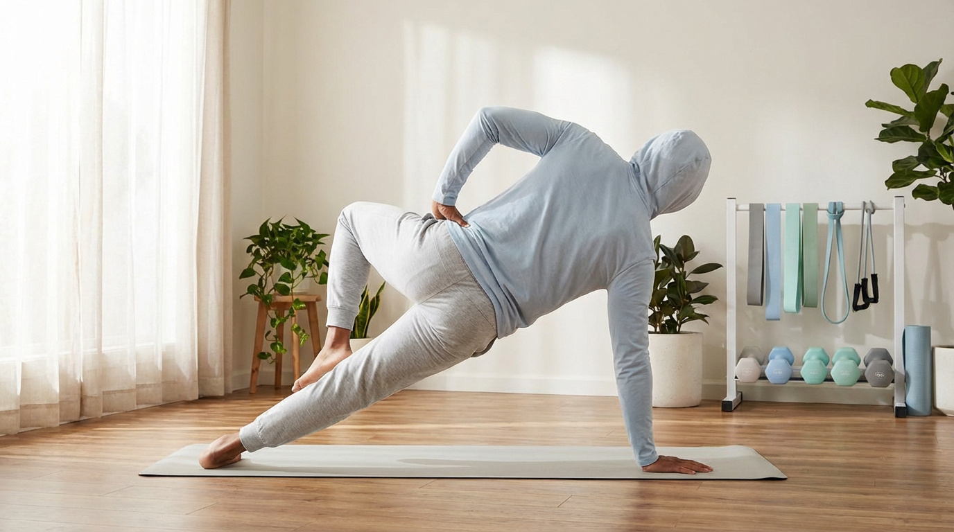 Une personne en tenue de sport exécute un gainage latéral sur un tapis de yoga, dans une pièce lumineuse avec équipement.