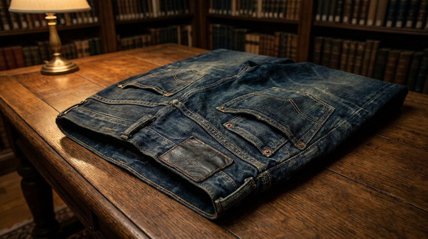 Un jean Levi's bleu foncé plié, montrant les poches arrières et un patch en cuir, posé sur une table en bois dans une bibliothèque.