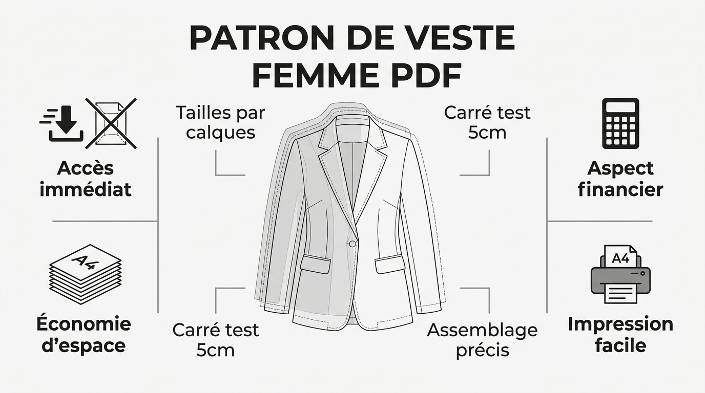 Illustration d'un patron de veste femme en format PDF avec calques de tailles