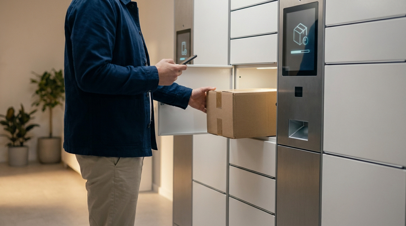 Homme déposant un colis dans un casier automatique Vinted Go, tenant un smartphone. L'écran du casier affiche une icône de colis.