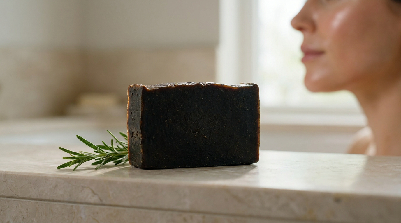 Un pain de savon noir naturel avec une branche de romarin, devant le profil flou d'une femme à la peau saine et lumineuse.