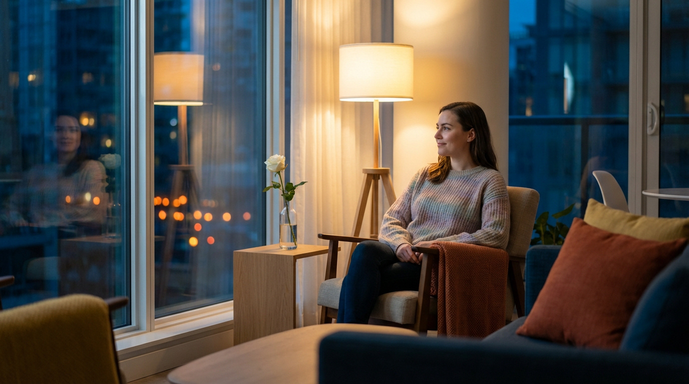 Une femme assise dans un fauteuil, regardant pensivement par la fenêtre d'un appartement cosy au crépuscule. Une rose blanche est sur la table.