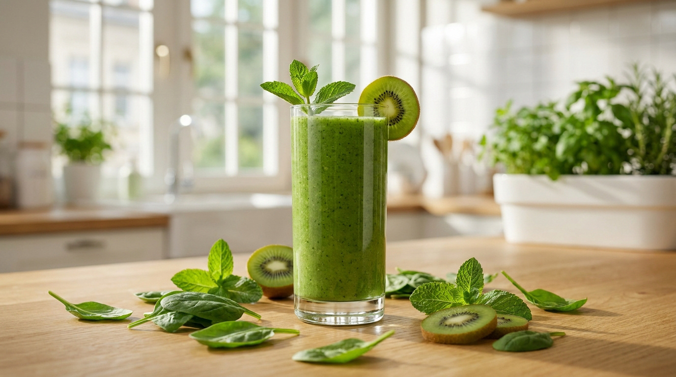 Verre de smoothie vert garni d'une tranche de kiwi et de menthe fraîche, avec des épinards sur un comptoir en bois clair.