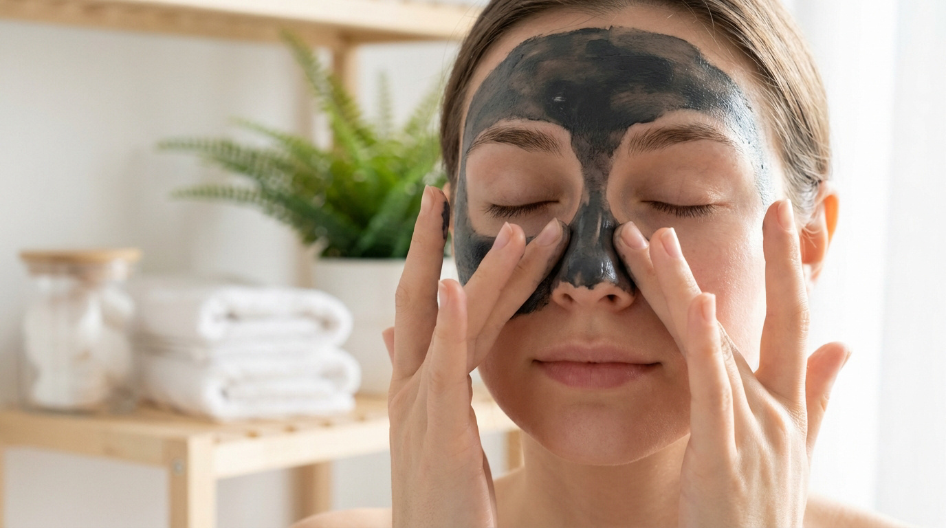 Gros plan sur une femme appliquant un masque facial noir sur son nez et ses joues, yeux fermés, dans une salle de bain lumineuse.