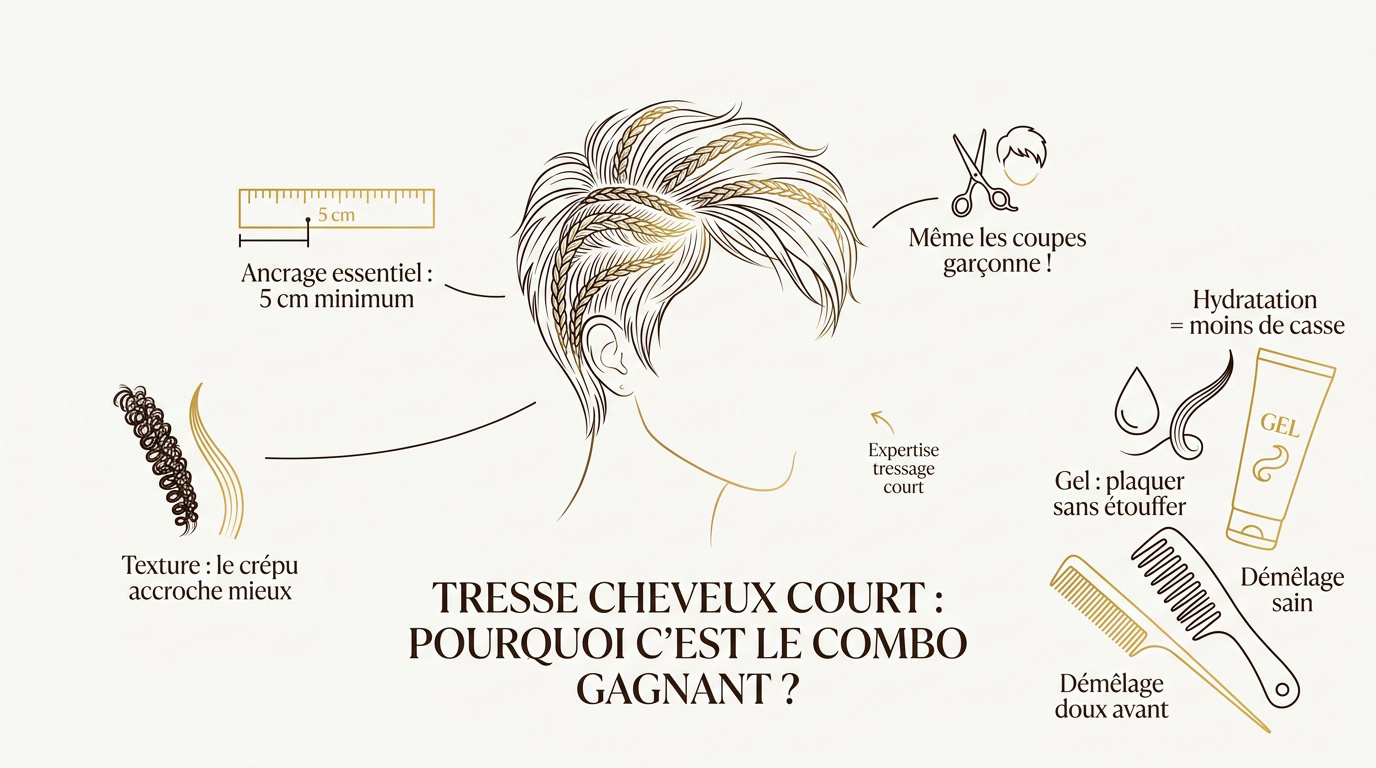 Femme avec des tresses stylisées sur cheveux courts