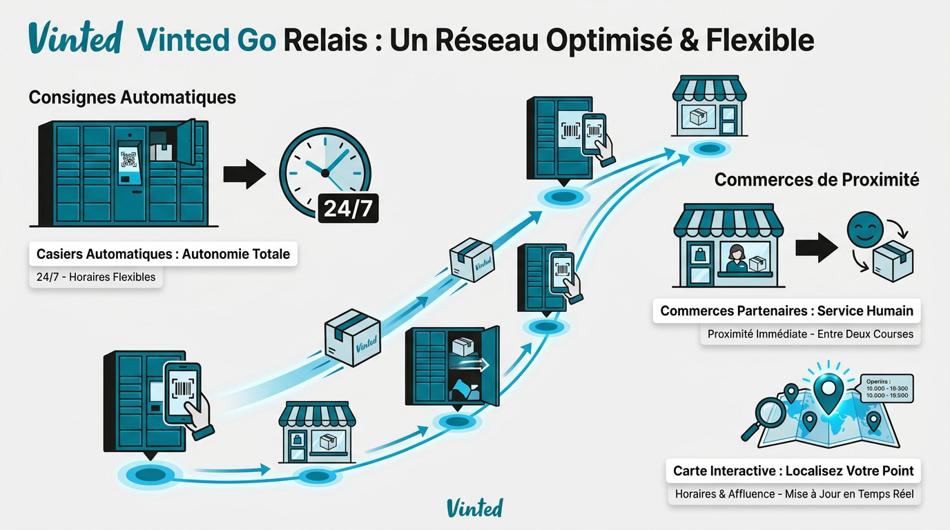 Comparaison entre une consigne automatique Vinted Go et un commerce partenaire de proximité