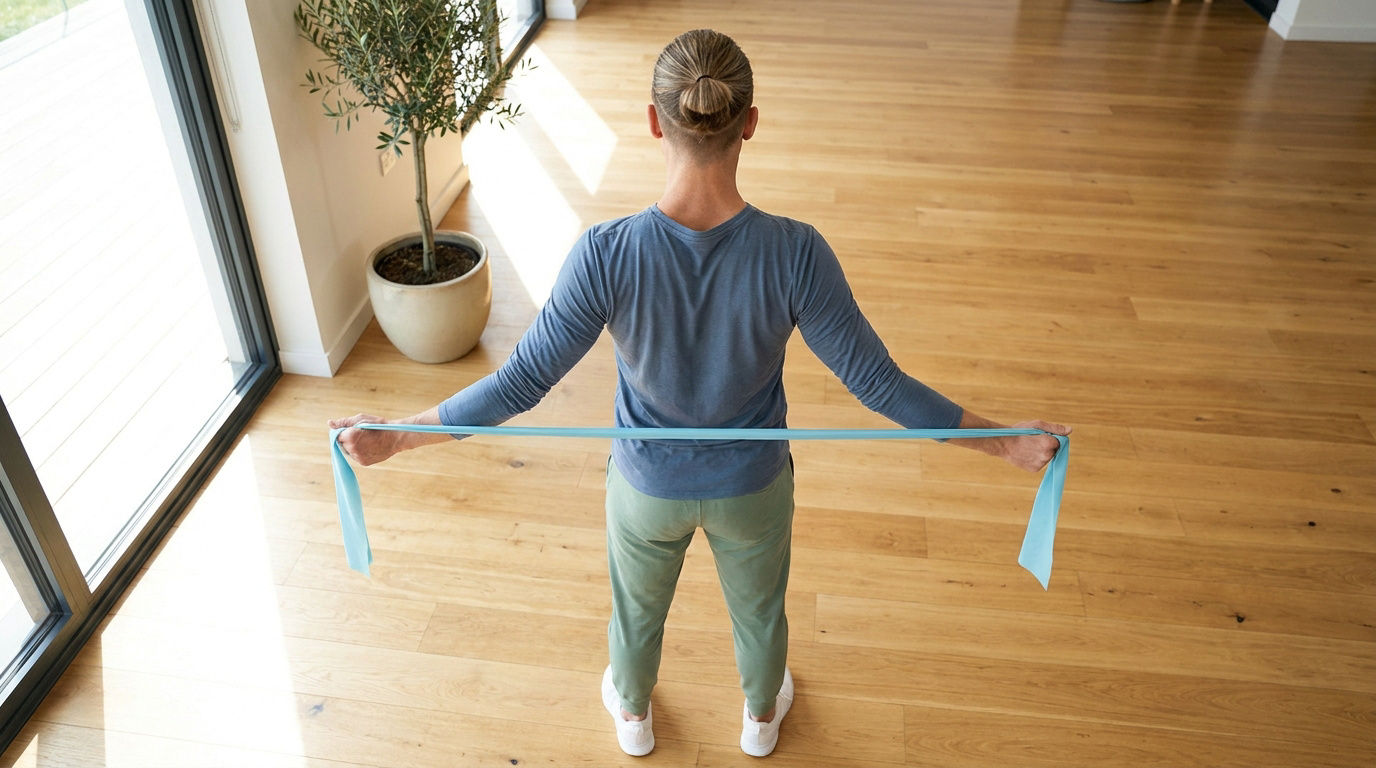 Personne vue de dos utilisant une bande élastique bleue pour un exercice de renforcement musculaire dans un salon.
