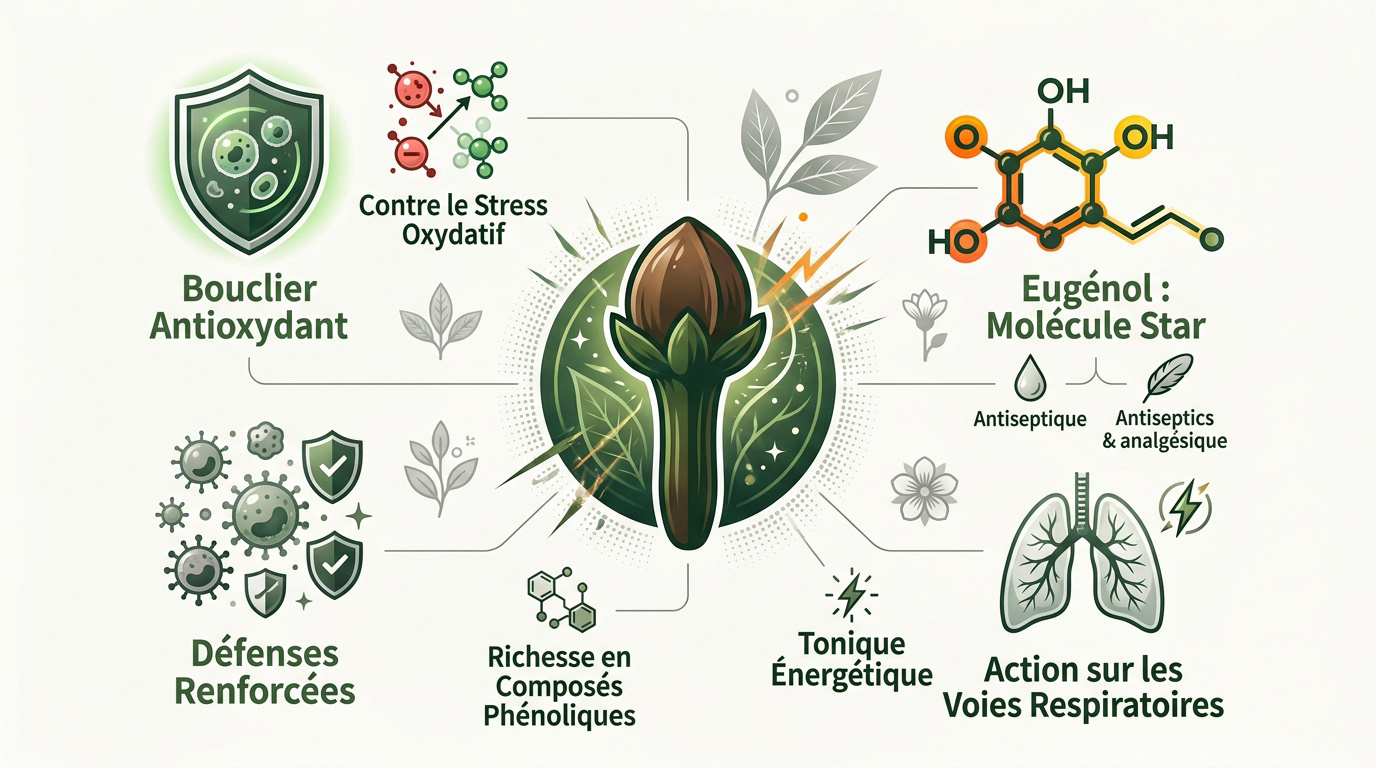 Infographie détaillant les bienfaits thérapeutiques et nutritionnels du clou de girofle
