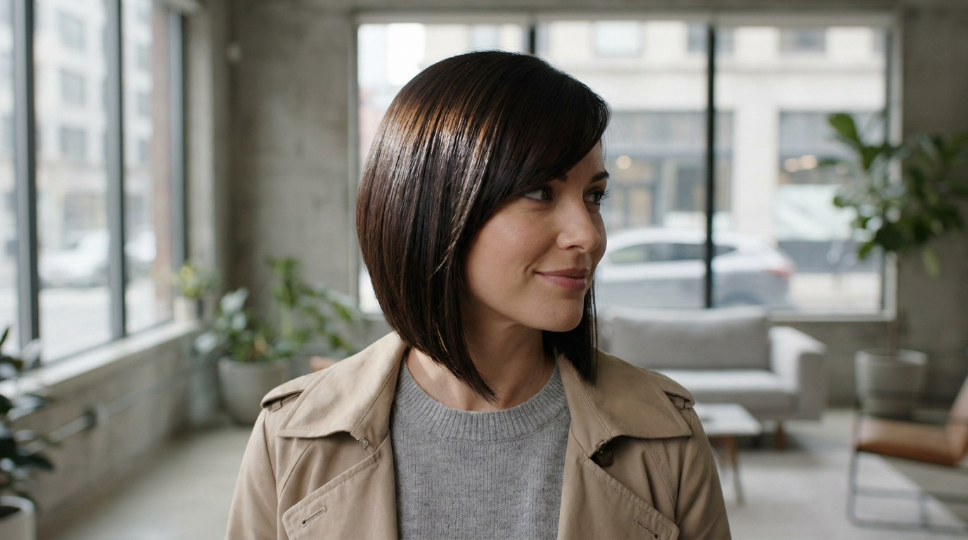 Femme au carré plongeant brun brillant avec frange, souriant, en trench beige dans un intérieur moderne et lumineux.