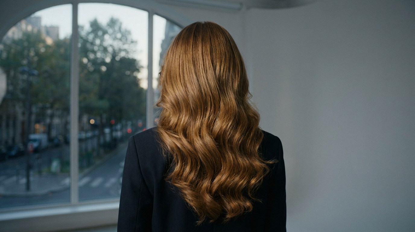 Femme de dos avec de longs cheveux roux ondulés, portant une veste sombre, devant une fenêtre donnant sur une rue de ville.