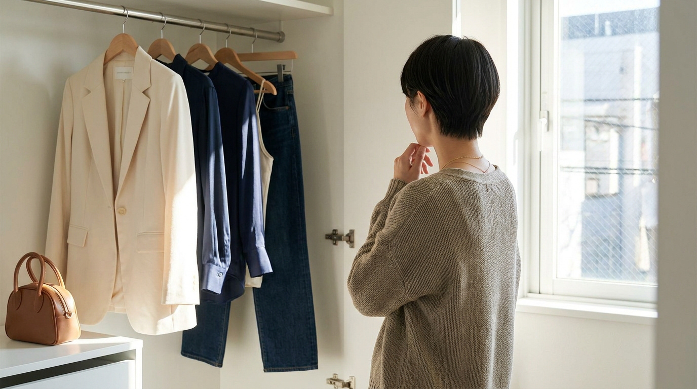 Une femme hésite devant son dressing pour choisir une tenue de rendez-vous.
