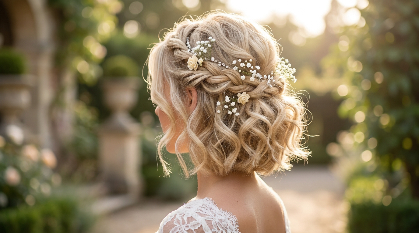 Vue arrière d'une mariée blonde avec un carré bouclé tressé, orné de fleurs blanches. Robe en dentelle, jardin ensoleillé.
