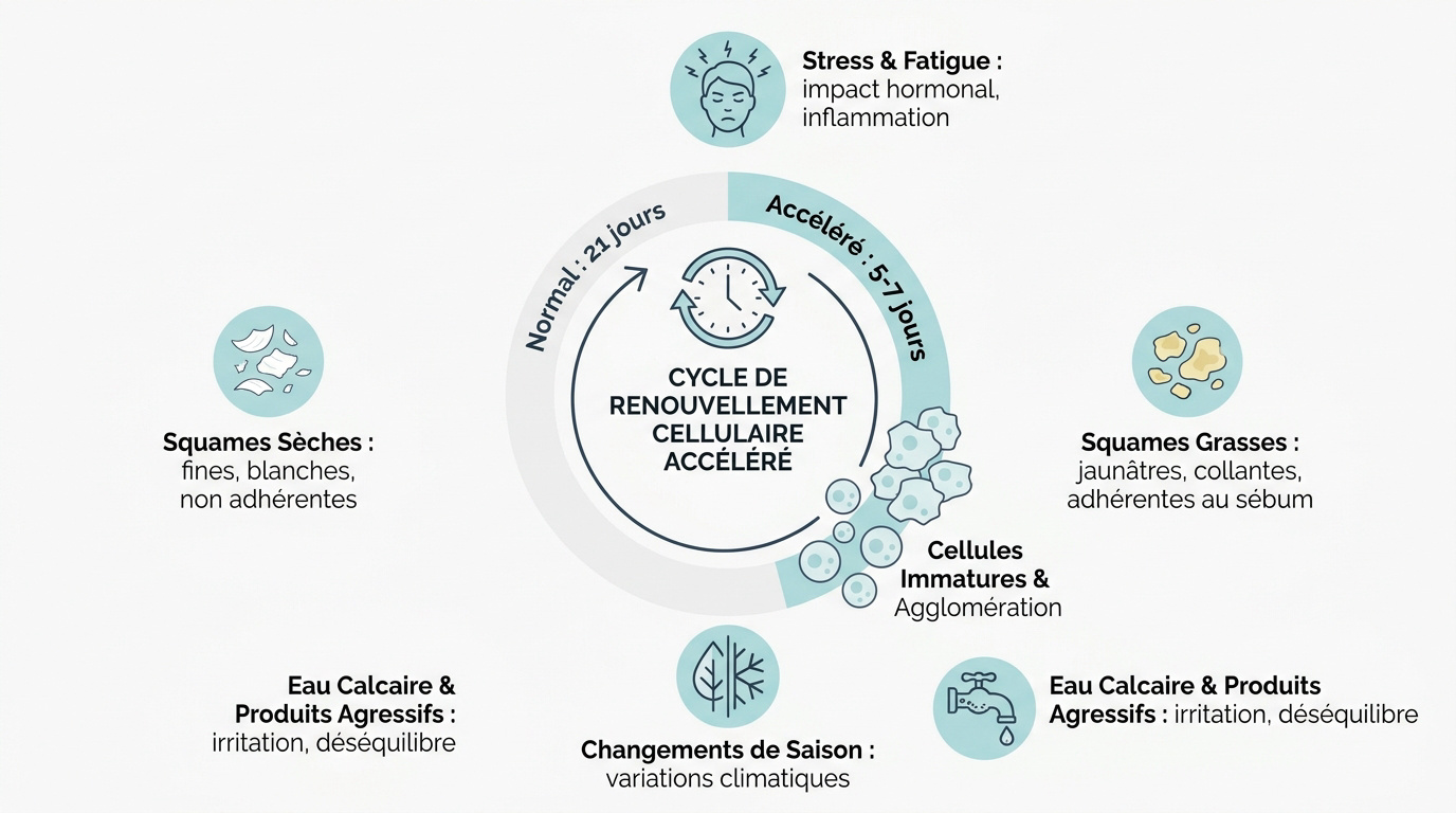 Schéma du cycle de renouvellement cellulaire accéléré du cuir chevelu provoquant des pellicules