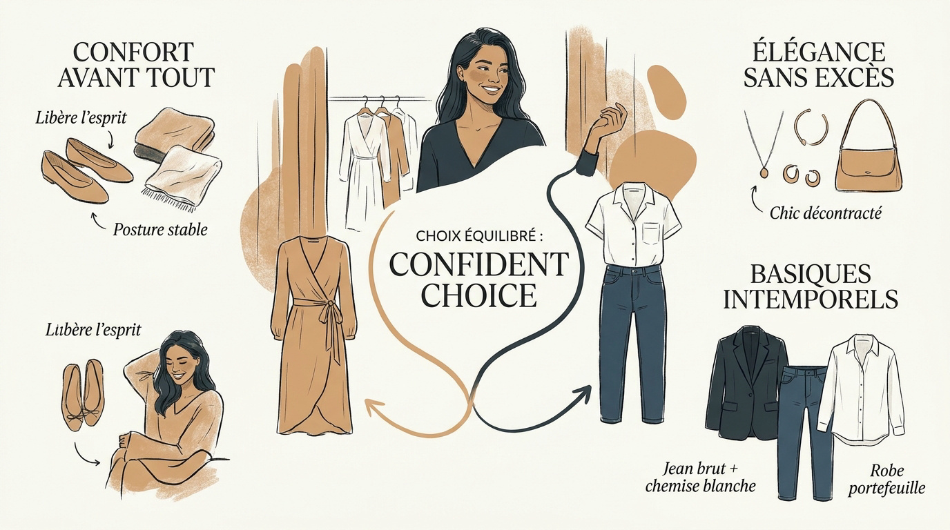 Femme portant une tenue équilibrée entre chic et décontracté pour un rendez-vous