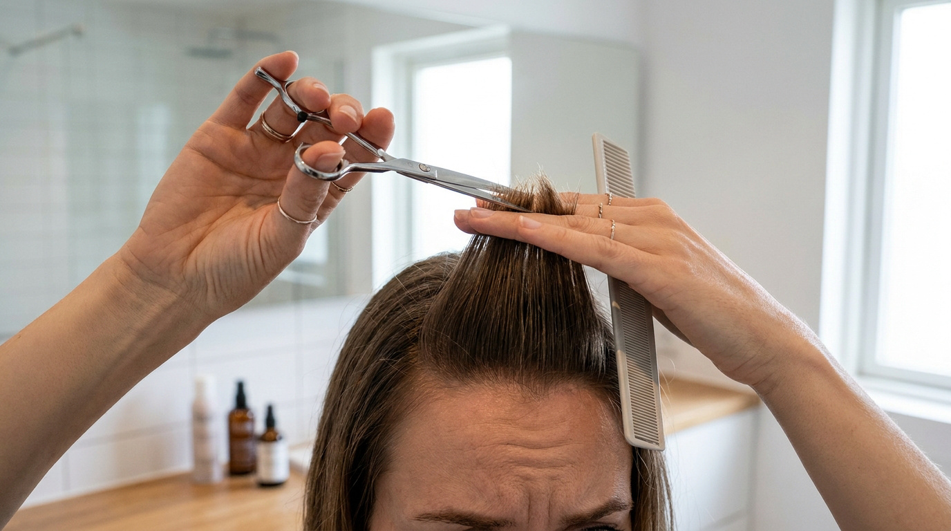 Une personne se coupe les cheveux avec des ciseaux et un peigne dans une salle de bain lumineuse.