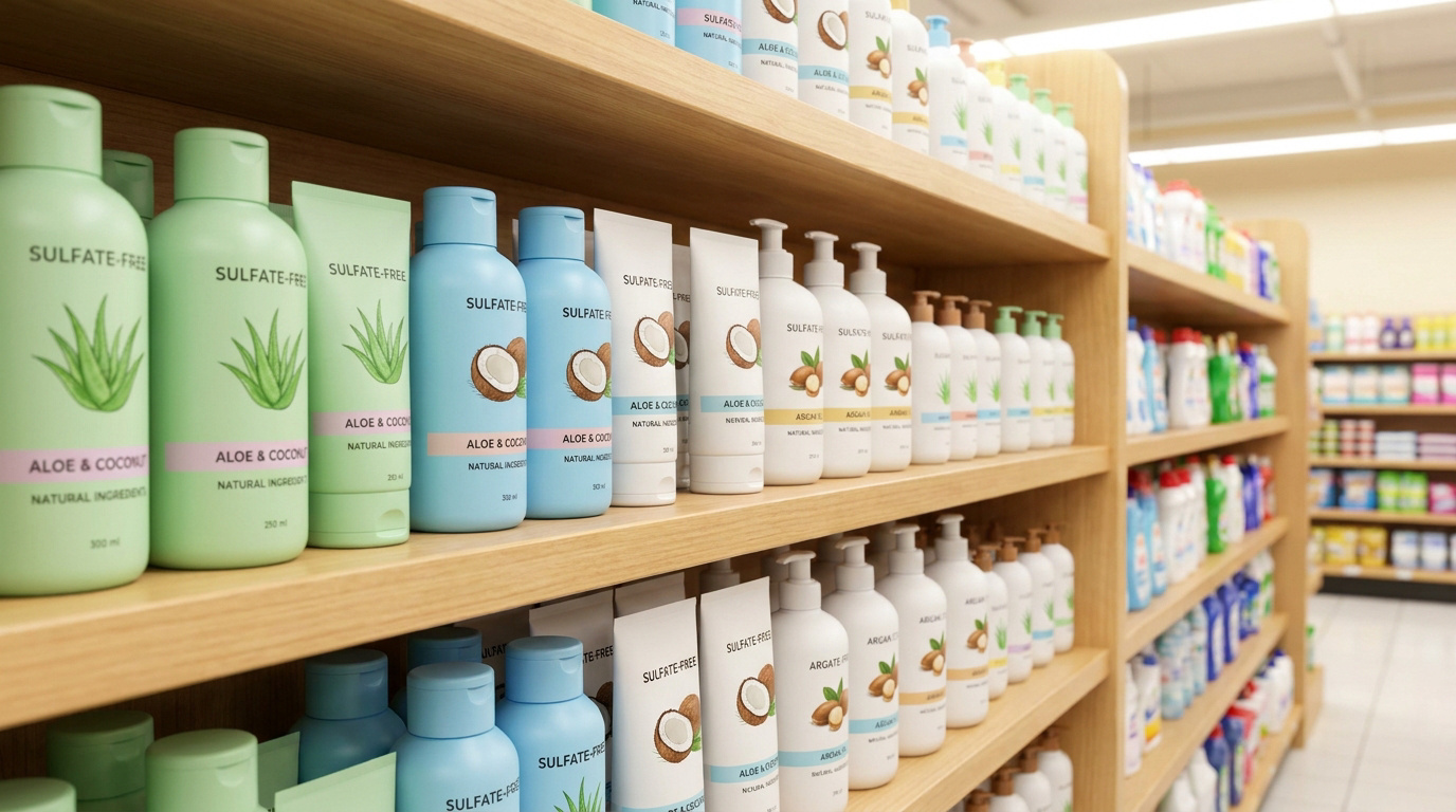 Rayon de supermarché avec de nombreuses bouteilles de shampoings et après-shampoings "sans sulfate" sur des étagères en bois.