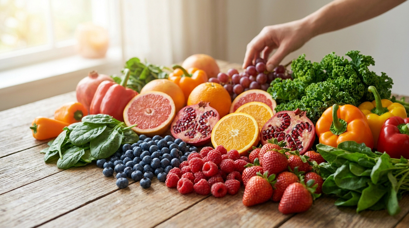 Assortiment coloré de fruits et légumes frais (baies, agrumes, poivrons, épinards) sur une table en bois, une main saisit des raisins.