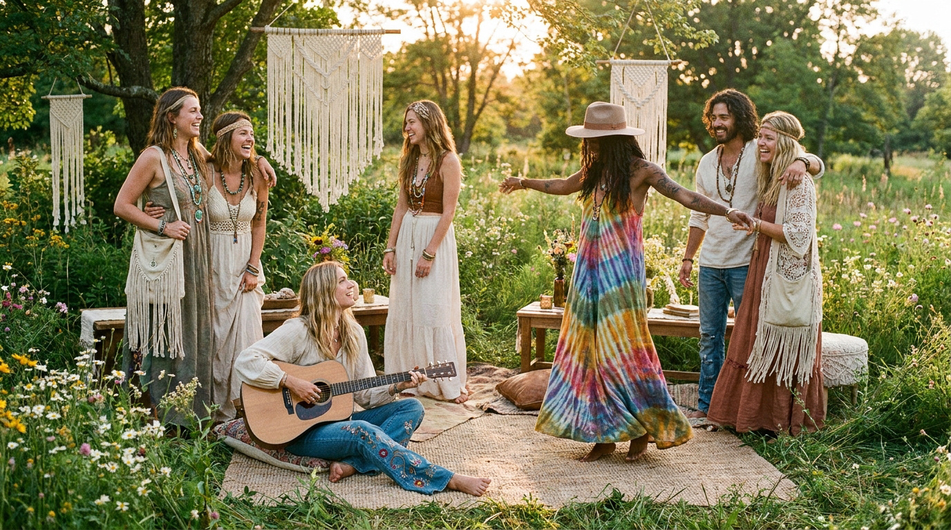 Un groupe d'amis habillés en style bohème profite d'une fête dans un champ fleuri avec des décorations en macramé.