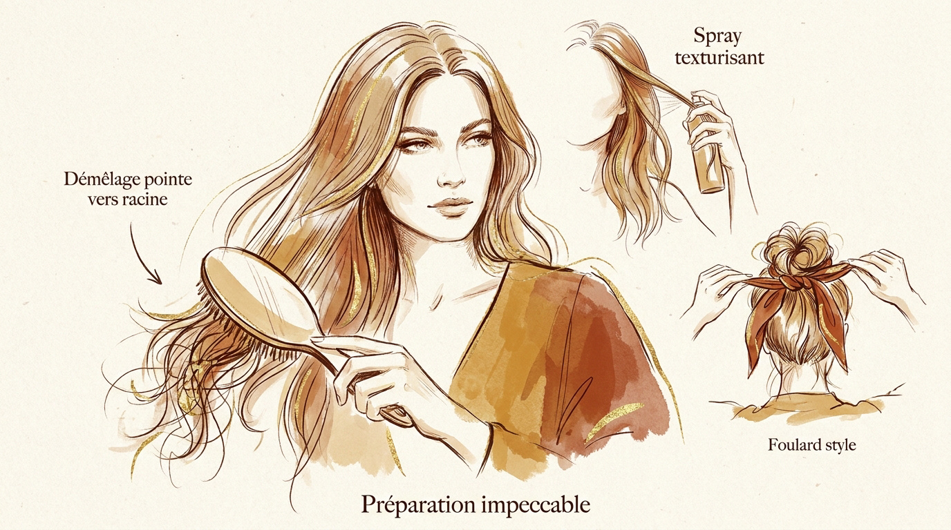 Préparation des cheveux longs avec spray texturisant et brosse