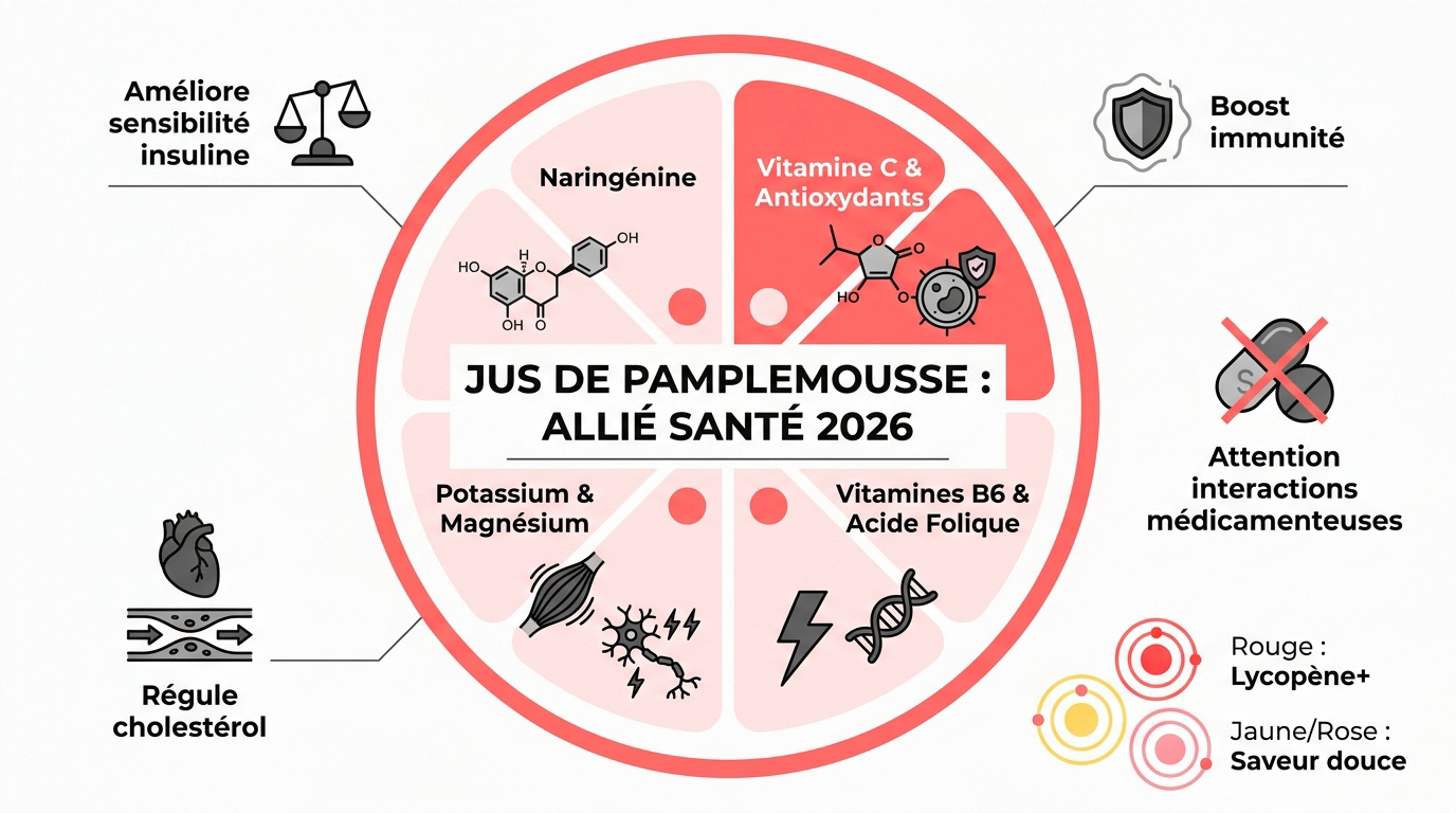 Verre de jus de pamplemousse frais entouré de tranches de fruits roses et rouges
