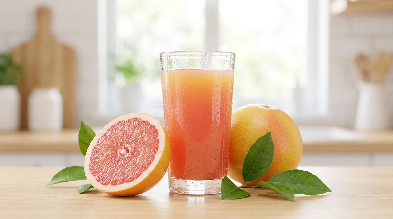 Verre de jus de pamplemousse frais, un demi-pamplemousse et un entier sur une table en bois clair dans une cuisine lumineuse.