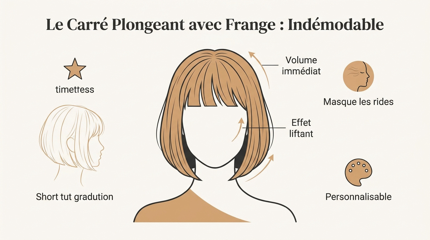 Femme portant un carré plongeant avec une frange sur le côté pour un effet rajeunissant
