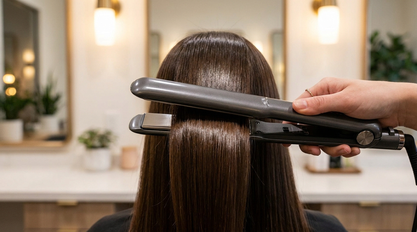 Main utilisant un lisseur professionnel sur des cheveux longs, raides et brillants dans un salon de coiffure.
