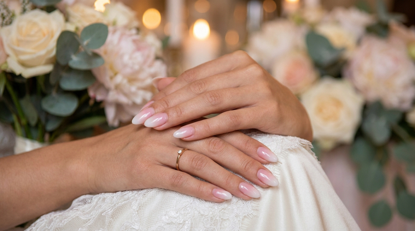 Mains de mariée avec une manucure ombrée délicate, portant une bague fine sur une robe en dentelle blanche.