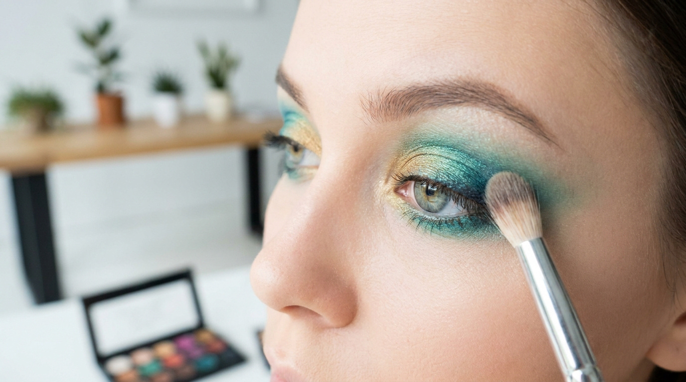 Une femme se maquille les yeux avec un pinceau et un dégradé de fards à paupières vert et doré.