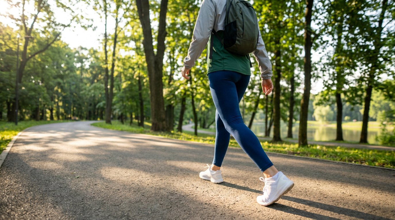 Vue de dos d'une personne en tenue de sport avec sac à dos, marchant sur un chemin boisé ensoleillé. Un lac est visible au loin.