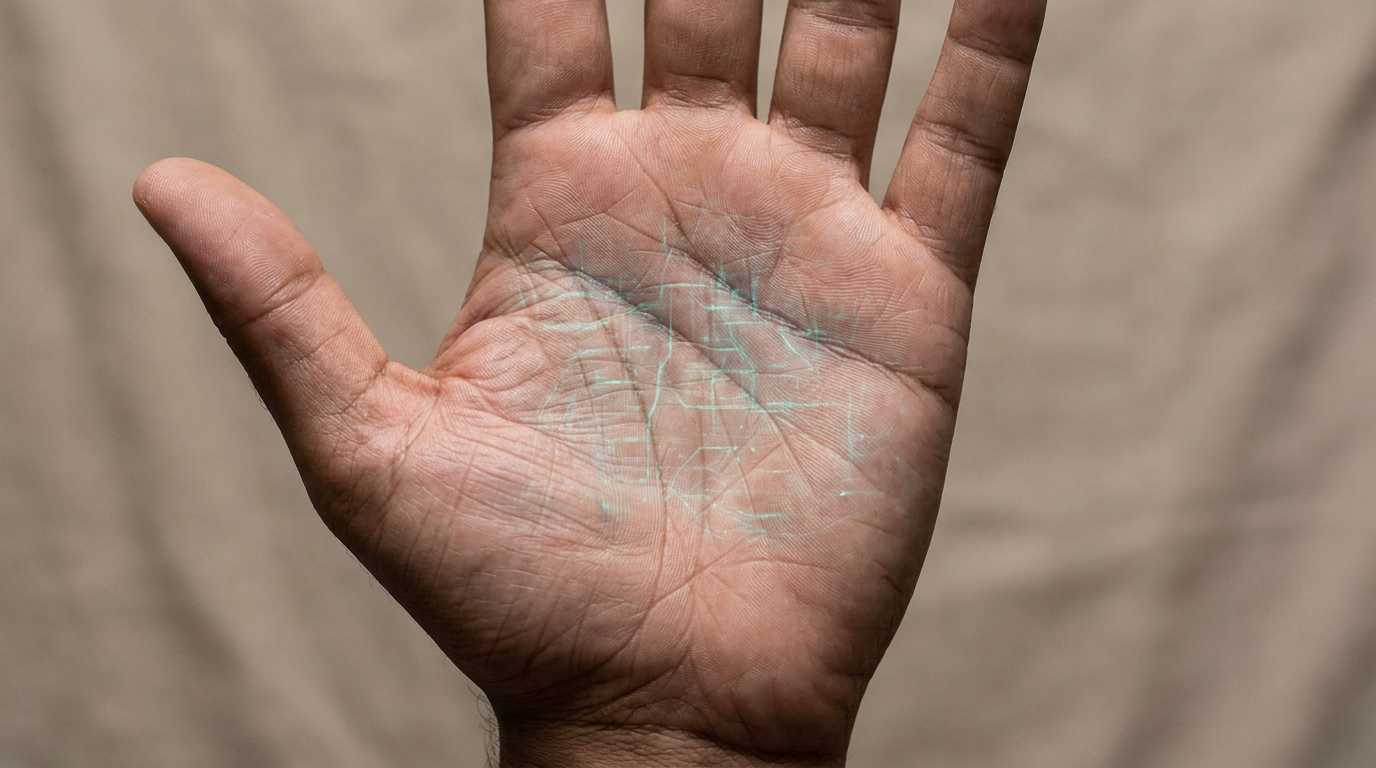 Paume humaine ouverte avec des circuits lumineux numériques superposés sur les lignes de la main.