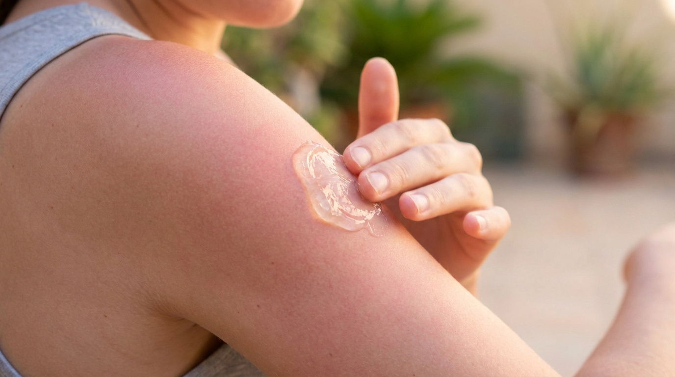 Une personne applique du gel d'aloe vera sur son épaule rouge et irritée par un coup de soleil.