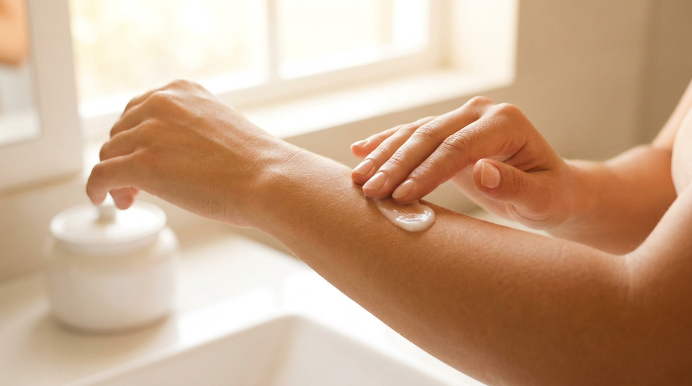 Gros plan sur une femme appliquant une crème bronzante onctueuse sur son avant-bras dans une salle de bain lumineuse.