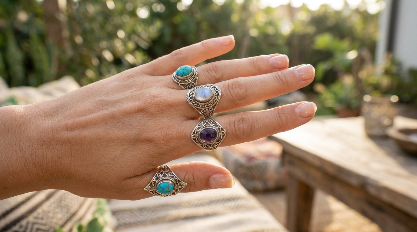 Main de femme portant plusieurs bagues bohèmes en argent avec des pierres turquoise, pierre de lune et améthyste.