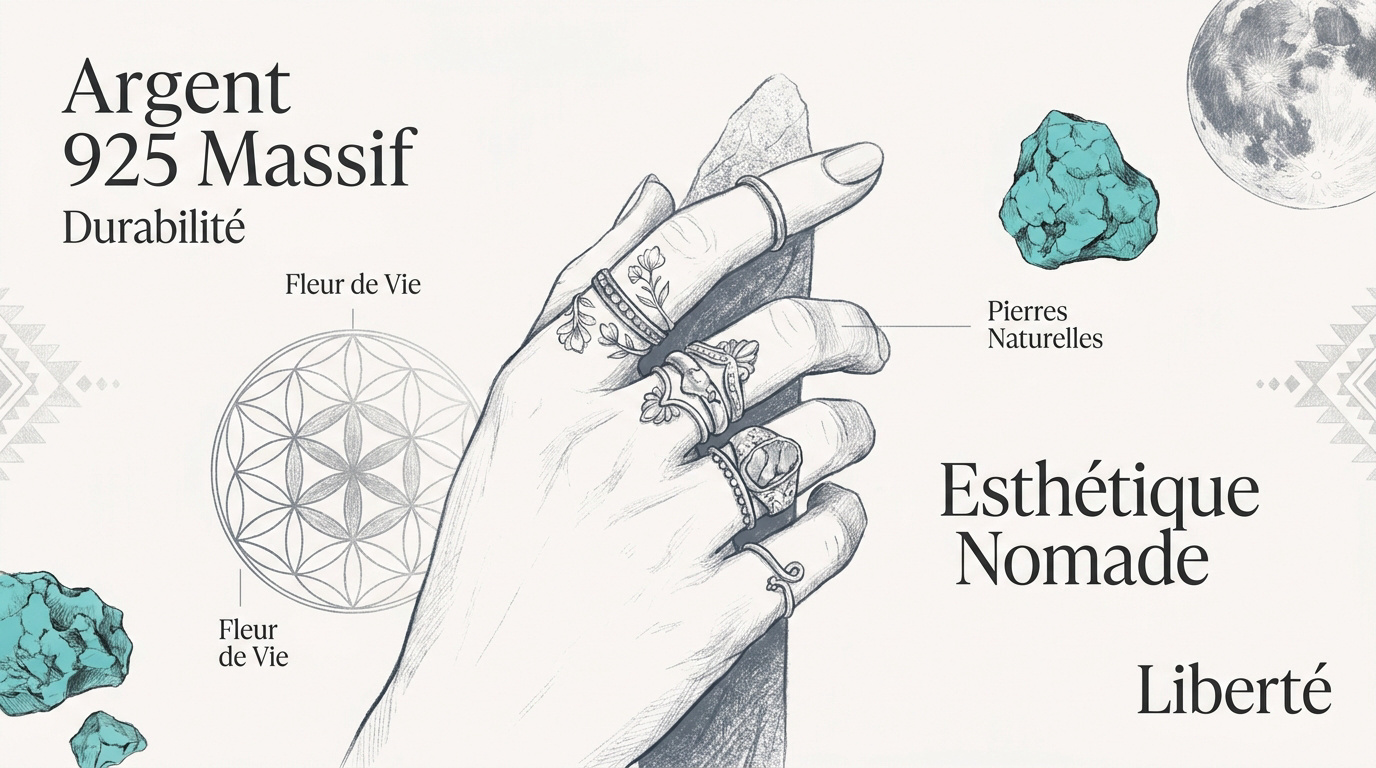 Sélection de bagues bohèmes en argent 925 massif aux motifs ethniques