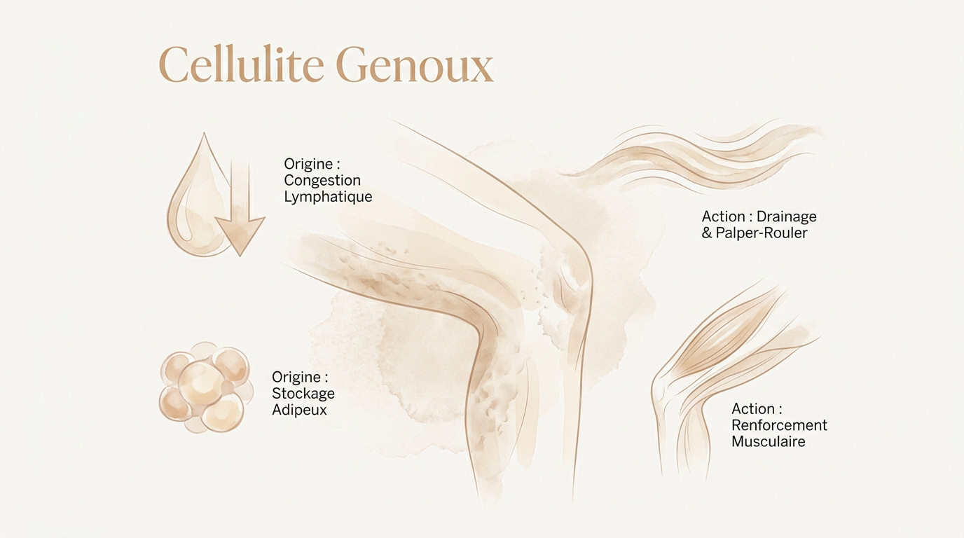 Schéma explicatif des origines de la cellulite aux genoux et actions correctrices