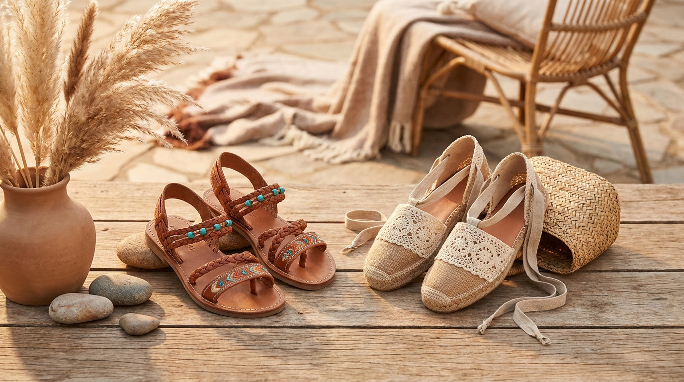 Sandales en cuir avec perles et espadrilles en dentelle posées sur une table en bois dans une ambiance bohème.