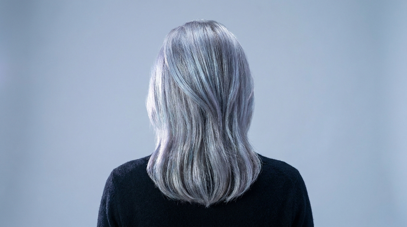 Vue de dos d'une personne aux cheveux mi-longs d'un gris argenté lumineux et brillant sur fond gris clair.