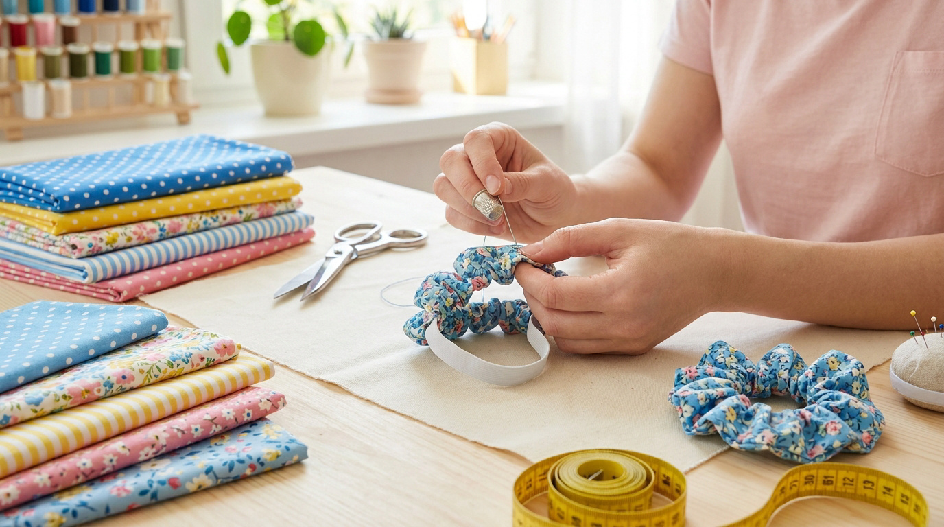 Gros plan sur des mains cousant un chouchou à la main, avec des piles de tissus colorés sur une table de travail.